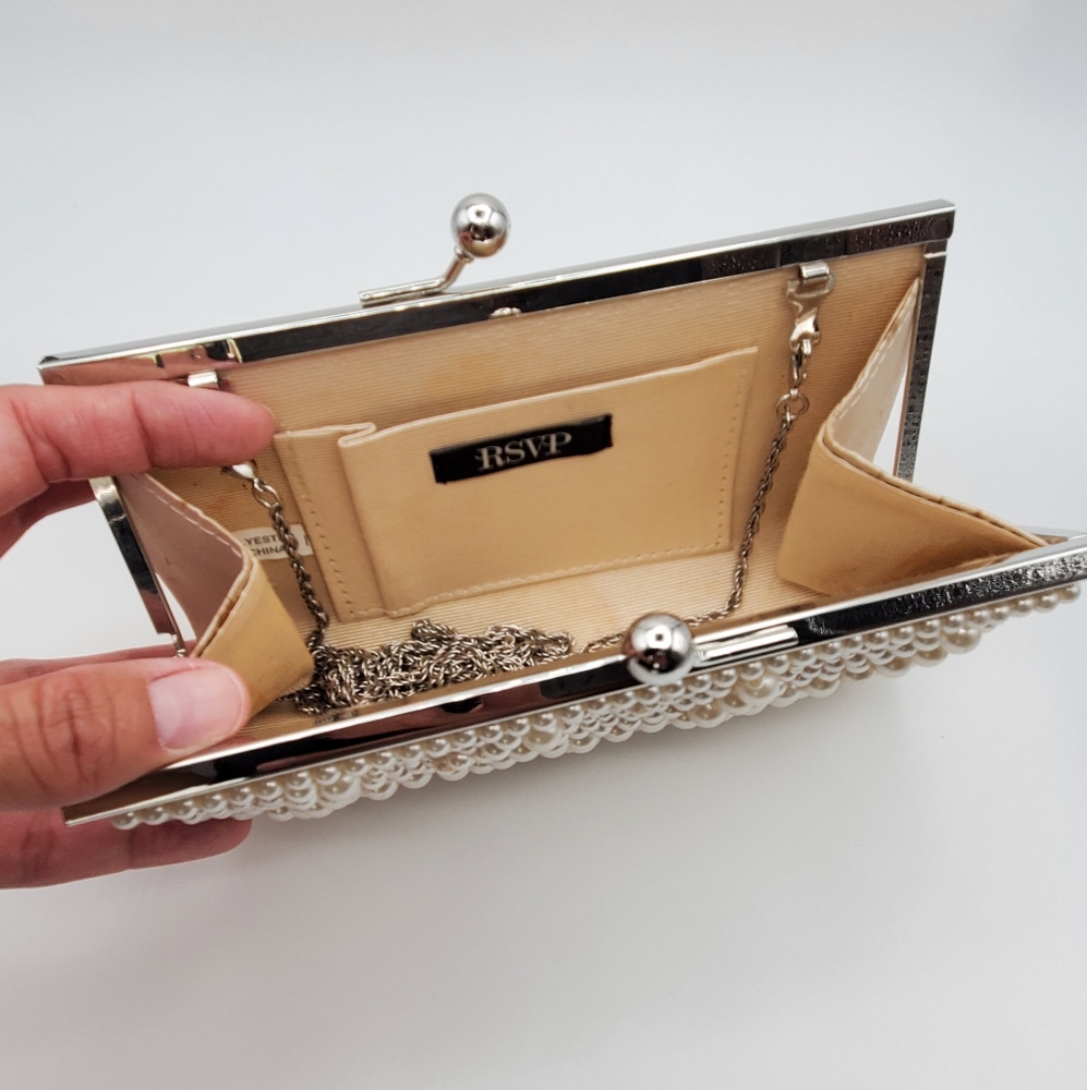 Elegant Beaded Faux Pearl Evening Clutch With Detactable Silver Chain Strap - Picture 7 of 8